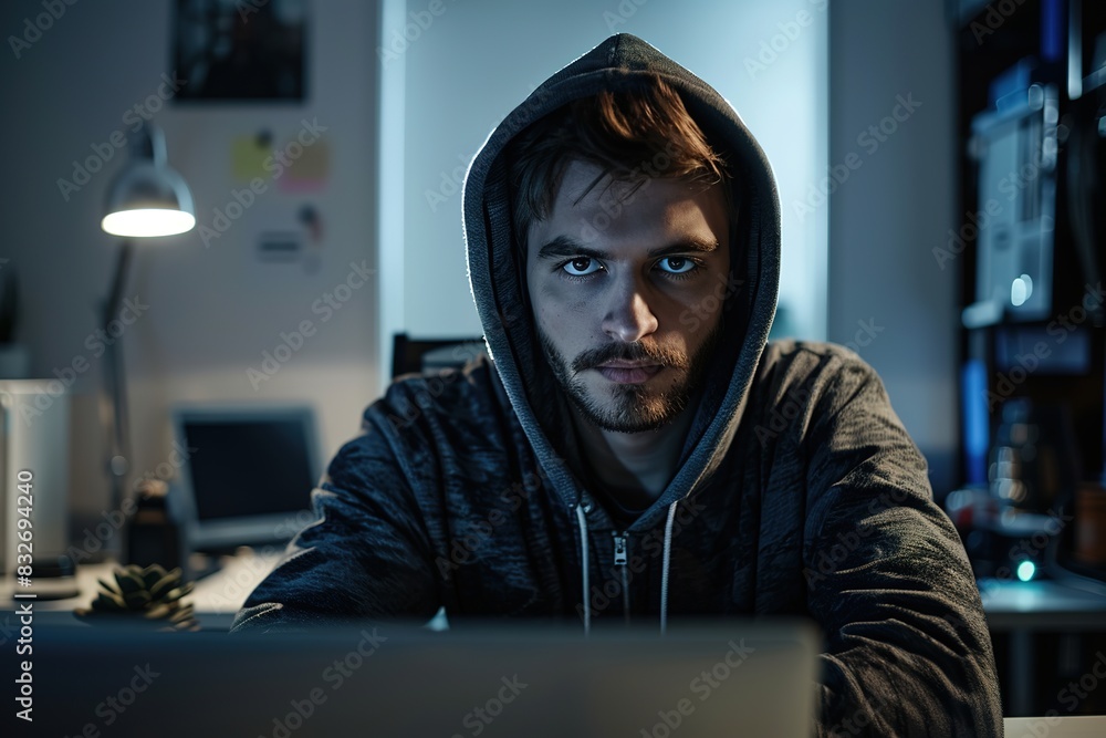 Focused man at computer in a dark room lit by screen glow Focused man at computer in a dark room lit by screen glow
