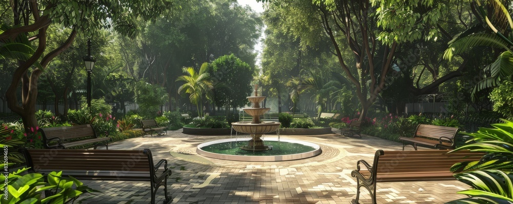 Serene park with fountain and benches