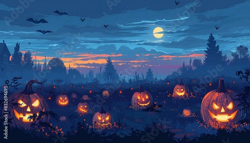 Create an image of a pumpkin patch at dusk with glowing jackolanterns © ngstock