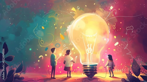 Create a whimsical illustration of a brainstorming session taking place inside a lightbulb-shaped room