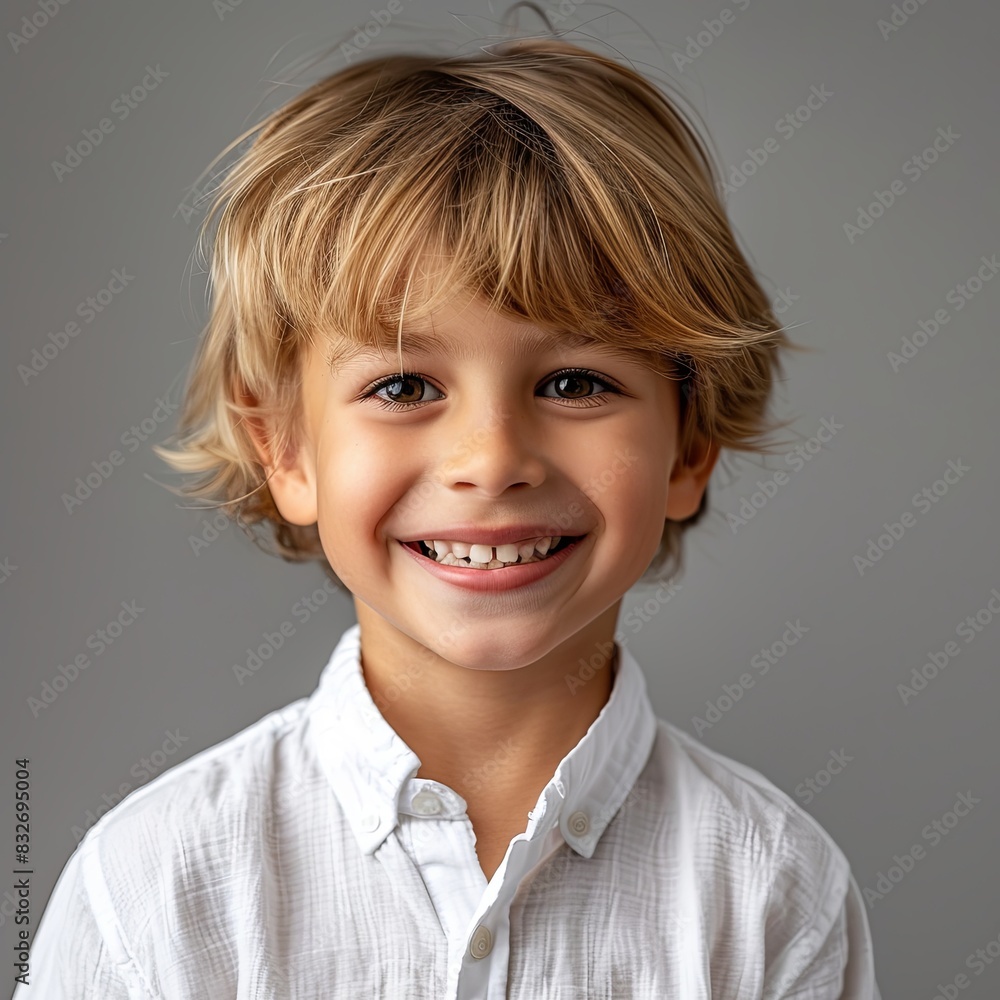 Smiling Boy in White T-shirt on Gray Background Smiling Boy in White T-shirt on Gray Background