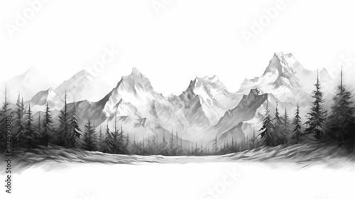 Black and white hand drawn pencil sketch of a silhouette mountain landscape with rocky peaks in a graphic style on a white background