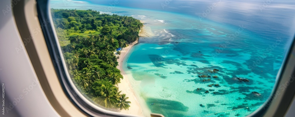 Airplane window view of tropical paradise