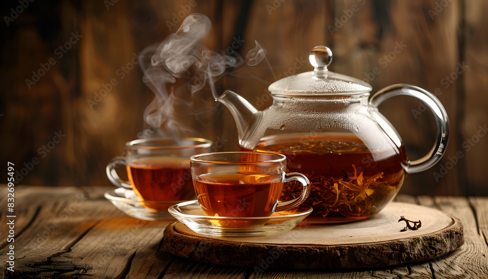 Hot tea in glass teapot and cup with steam on wood background Hot tea in glass teapot and cup with steam on wood background