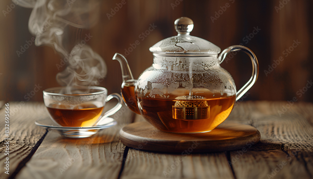 Hot tea in glass teapot and cup with steam on wood background Hot tea in glass teapot and cup with steam on wood background