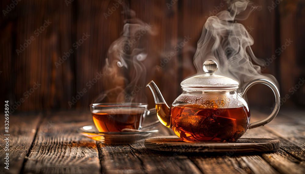 Hot tea in glass teapot and cup with steam on wood background