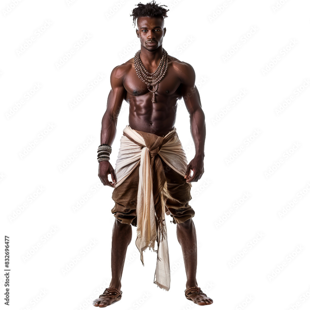 Authentic african warrior portrays traditional attire and confident stance with strong muscular physique. Accessorized with cultural jewelry. Standing in bold pose against transparent background Authentic african warrior portrays traditional attire and confident stance with strong muscular physique. Accessorized with cultural jewelry. Standing in bold pose against transparent background