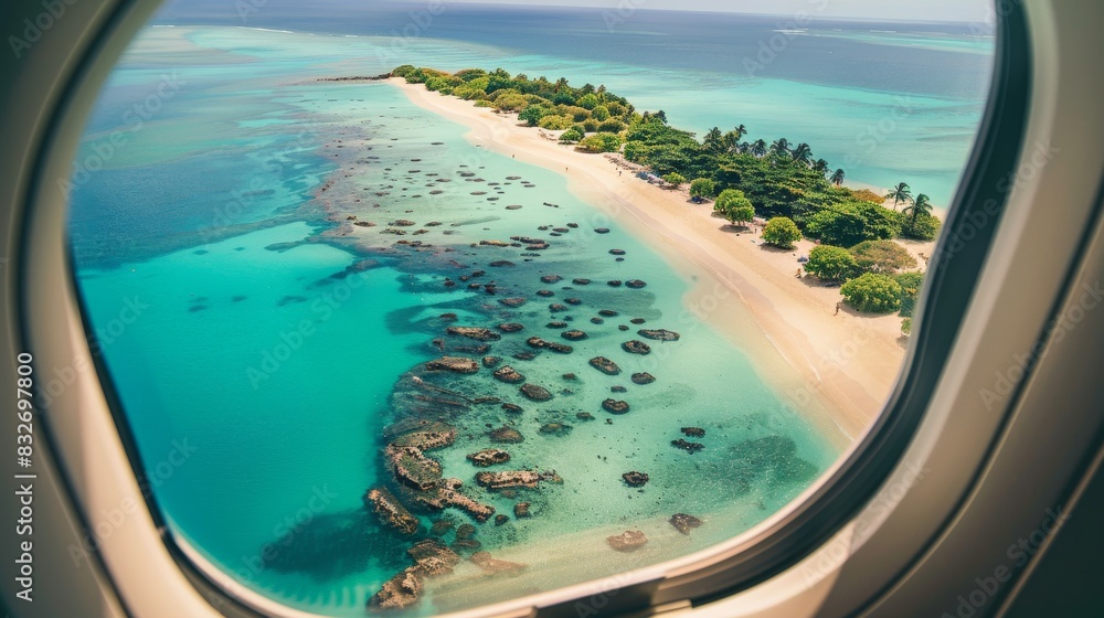 Fototapeta premium Tropical island view from airplane window