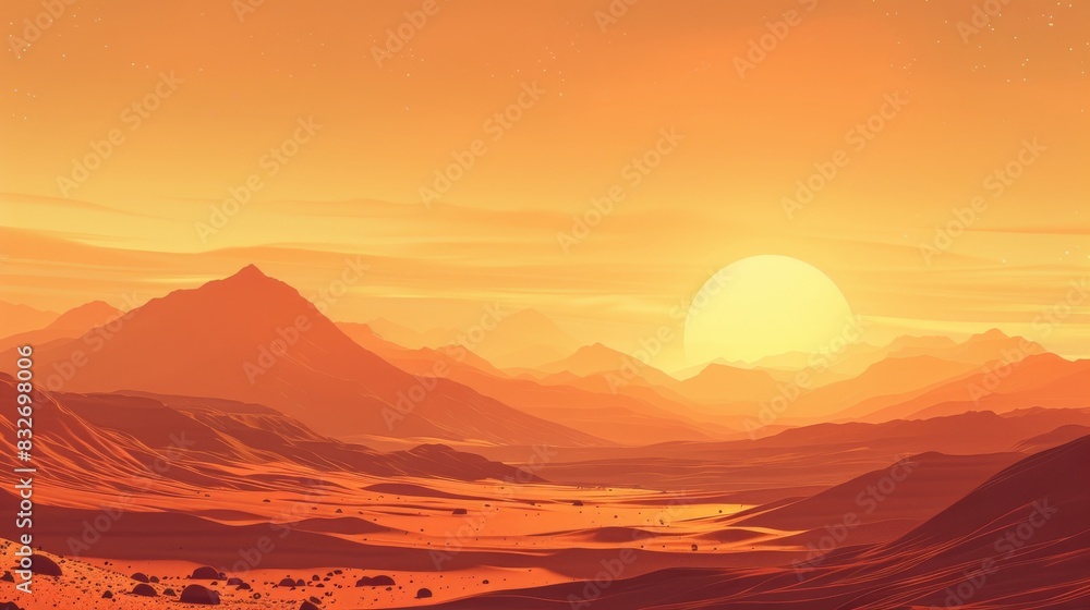Vibrant orange hues paint a serene sunset over expansive desert mountains Vibrant orange hues paint a serene sunset over expansive desert mountains