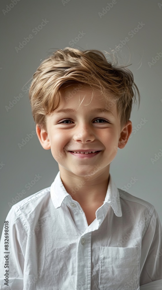 Smiling Boy in White T-shirt on Gray Background Smiling Boy in White T-shirt on Gray Background