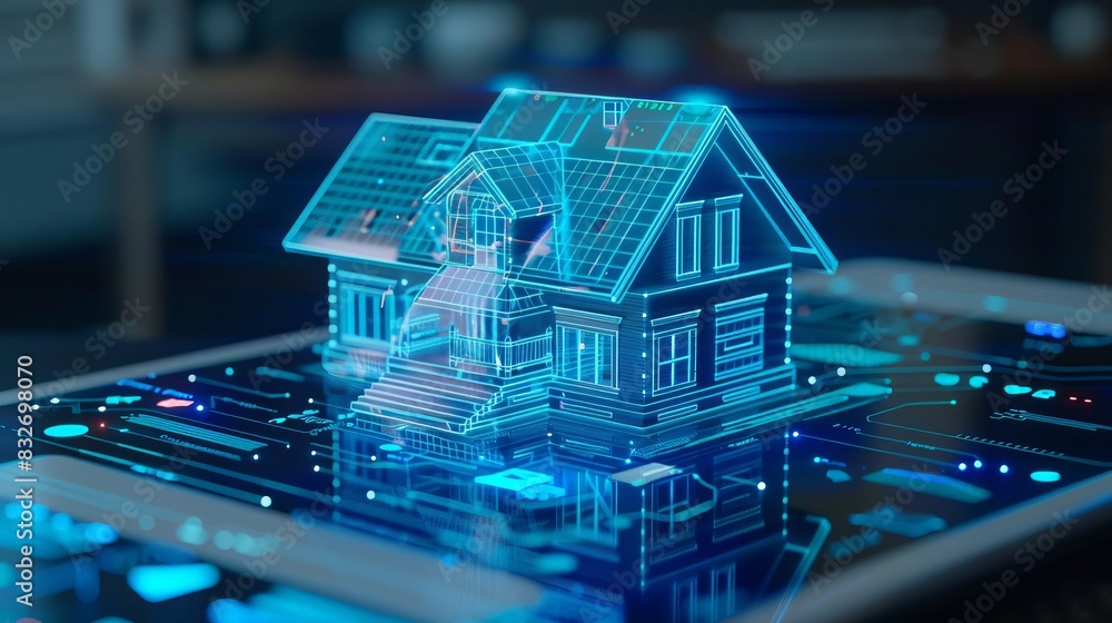 A digital model of a smart home with glowing blue holographic elements A digital model of a smart home with glowing blue holographic elements
