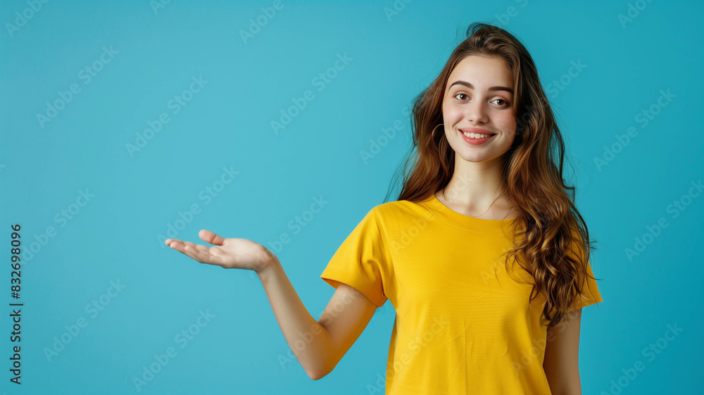 Cheerful girl in yellow, presenting an empty space in her hand with a blue color background Cheerful girl in yellow, presenting an empty space in her hand with a blue color background