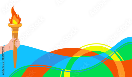 Sport flaming torch in the hand with colorful wavy stripes. Vector championship banner, symbol competition victory, athletic, champion, sports game winner. Abstract colorful background with wave.