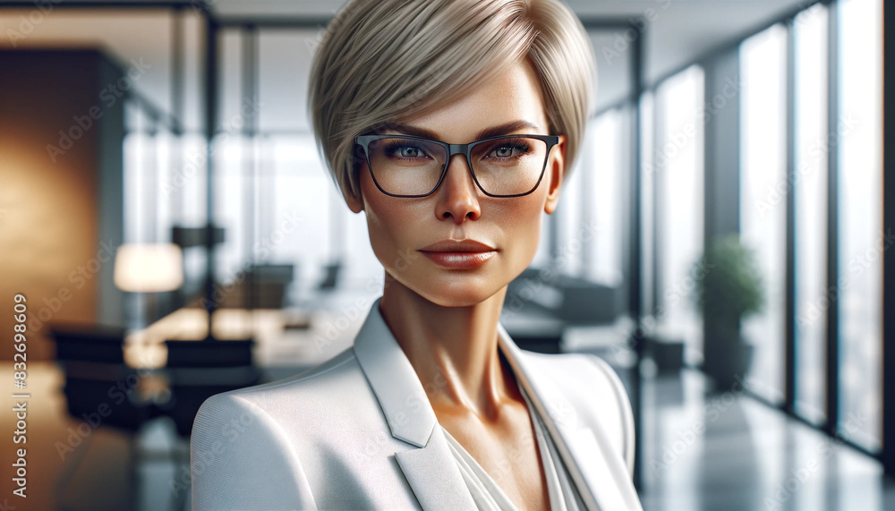 A woman wearing glasses and a white jacket stands in front of a window. Concept of professionalism and sophistication, as the woman is dressed in a business suit and is wearing glasses A woman wearing glasses and a white jacket stands in front of a window. Concept of professionalism and sophistication, as the woman is dressed in a business suit and is wearing glasses