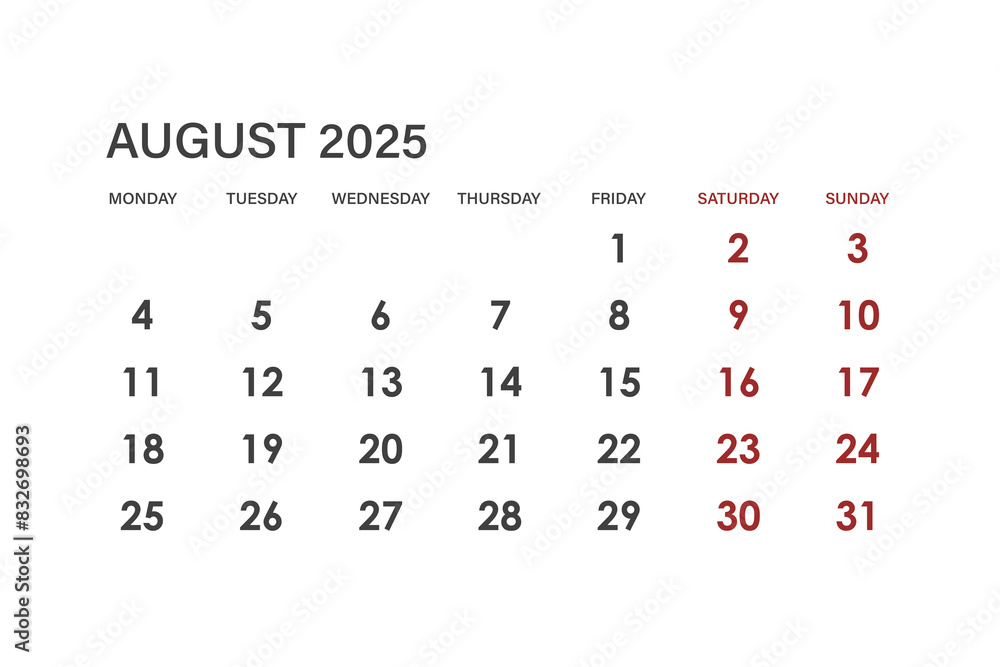 Calendar for August 2025. The week starts on Monday. Calendar for August 2025. The week starts on Monday.