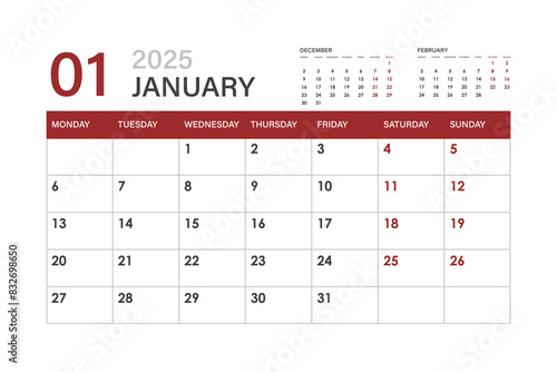 January 2025 Calendar. Week starts on Monday