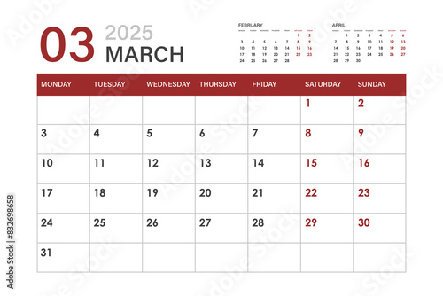 Calendar for March 2025. The week starts on Monday.