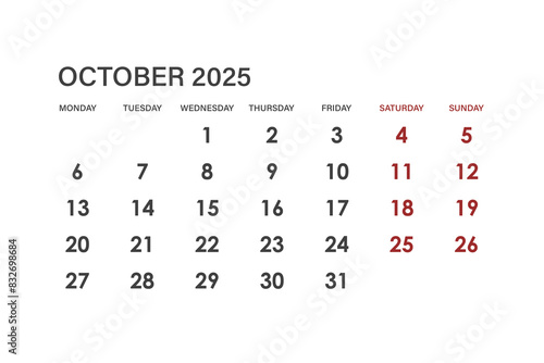 Calendar for October 2025. The week starts on Monday.