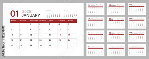 2025 Calendar. The week starts on Monday. Vector.