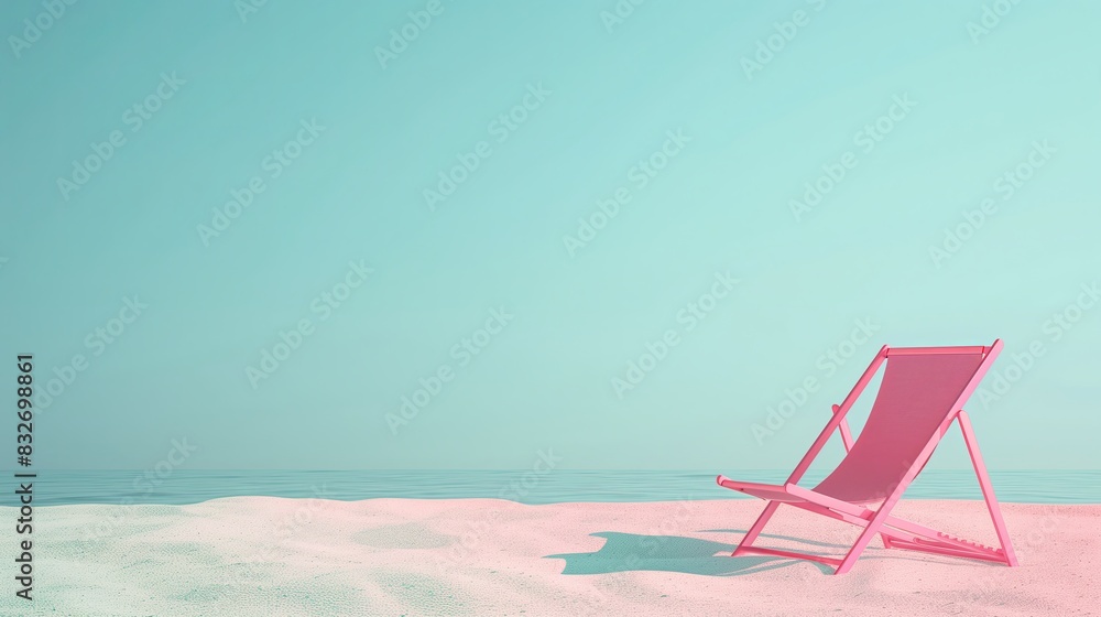 Minimalist beach scene with a single pink beach chair on sandy shore. Perfect for travel brochures, summer vacation advertisements, or relaxation-themed graphics. Generated AI Minimalist beach scene with a single pink beach chair on sandy shore. Perfect for travel brochures, summer vacation advertisements, or relaxation-themed graphics. Generated AI