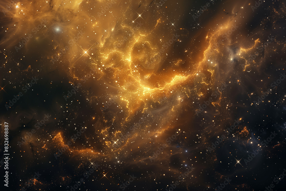 This is an image depicting a beautiful cosmic scene filled with clusters of stars, nebulae, and interstellar clouds glowing in golden and orange hues against a dark background This is an image depicting a beautiful cosmic scene filled with clusters of stars, nebulae, and interstellar clouds glowing in golden and orange hues against a dark background