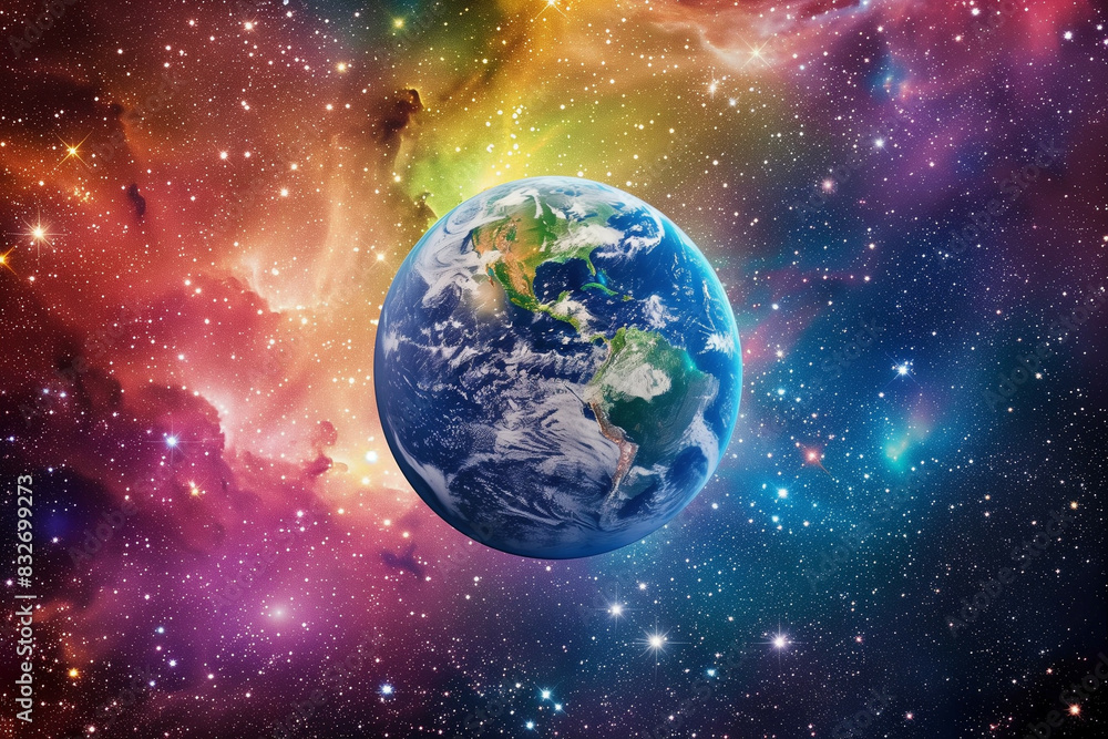 Naklejka premium A striking image featuring Earth as viewed from space, set against a vividly colored nebula and stars, representing the beauty and isolation of our planet within the vast universe