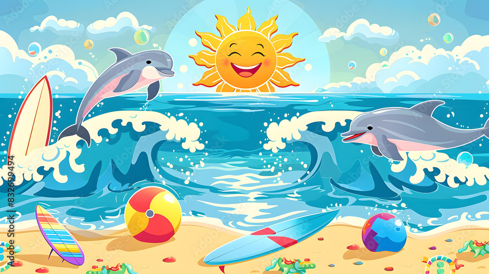 Summer vector illustration featuring playful beach background. Summer vector illustration featuring playful beach background.