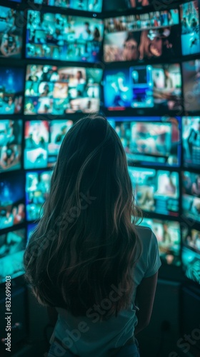 Woman observing a wall of televisions in dark room