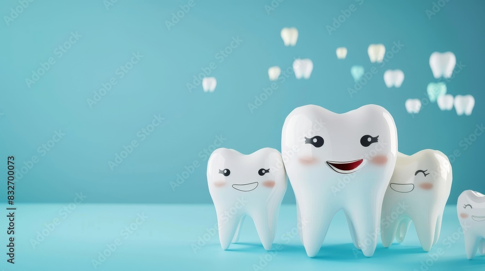 Happy cartoon tooth characters with smiley faces on a blue background, symbolizing dental health and hygiene. Happy cartoon tooth characters with smiley faces on a blue background, symbolizing dental health and hygiene.