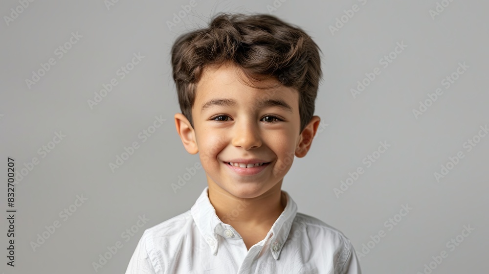 Smiling Boy in White T-shirt on Gray Background Smiling Boy in White T-shirt on Gray Background