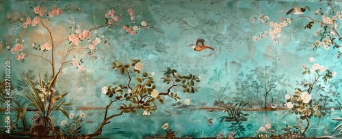 blossom tree With sparrow, finches, butterflies, dragonflies. Seamless pattern, background. Chinoiserie, traditional oriental botanical motif. AI generated illustration