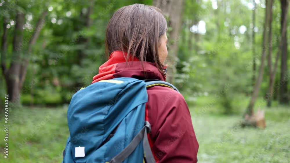 Young woman hiking through the forest Young woman hiking through the forest