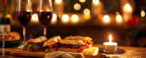 Romantic dinner setting with wine and sandwiches