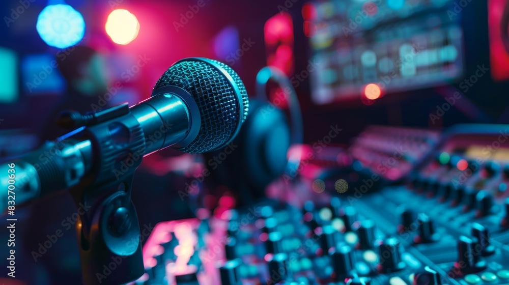 Close-up of a microphone and sound mixer in a vibrant recording studio with colorful lighting, perfect for musical production or broadcasting. Close-up of a microphone and sound mixer in a vibrant recording studio with colorful lighting, perfect for musical production or broadcasting.