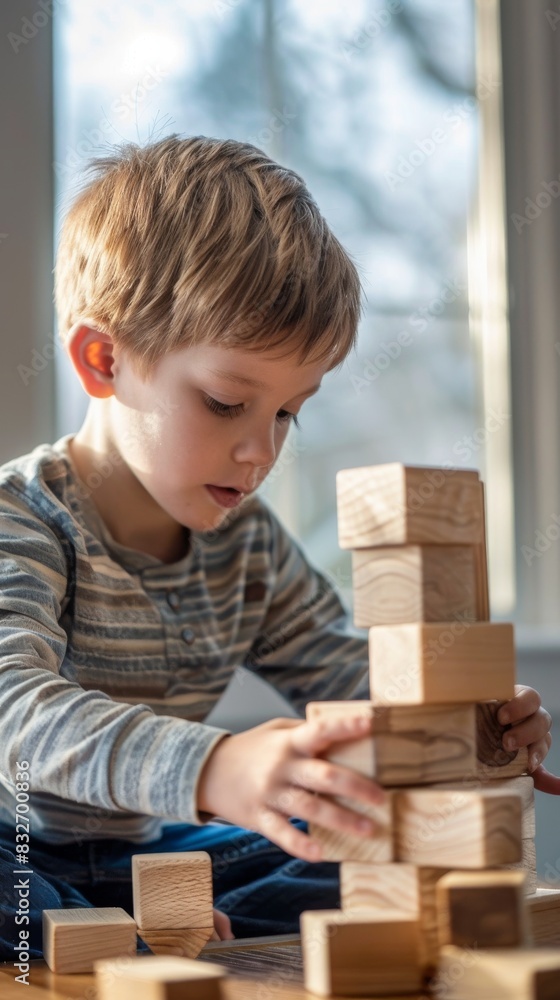 Young boy concentrating on building block tower Young boy concentrating on building block tower