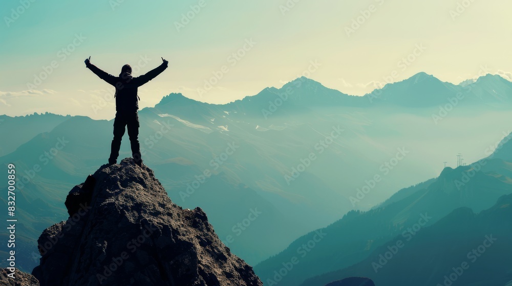 A person standing triumphantly on a mountain peak, arms raised, celebrating an adventurous hike with a breathtaking view of the surrounding mountains. A person standing triumphantly on a mountain peak, arms raised, celebrating an adventurous hike with a breathtaking view of the surrounding mountains.