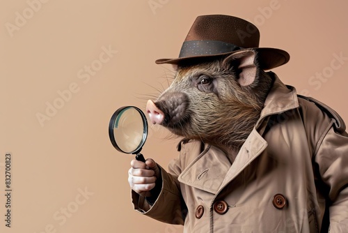 A peccary wearing a detectives trench coat and hat, holding a magnifying glass, set against a solid beige background with copy space