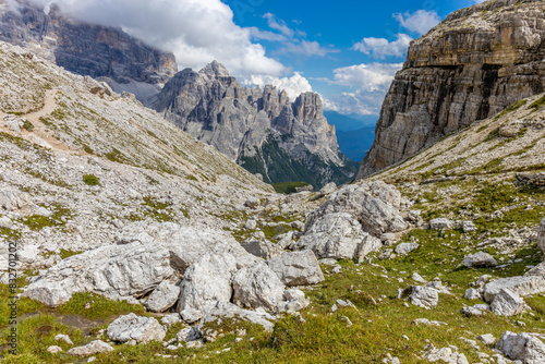 Dolomites beautiful mountain landscape on a sunny day. Hiking in the Alps in Italy, South Tirol mountain range of Alpi Dolomiti di Sesto near Cortina di Amprezzo and Tre Cime di Lavaredo alpine scene