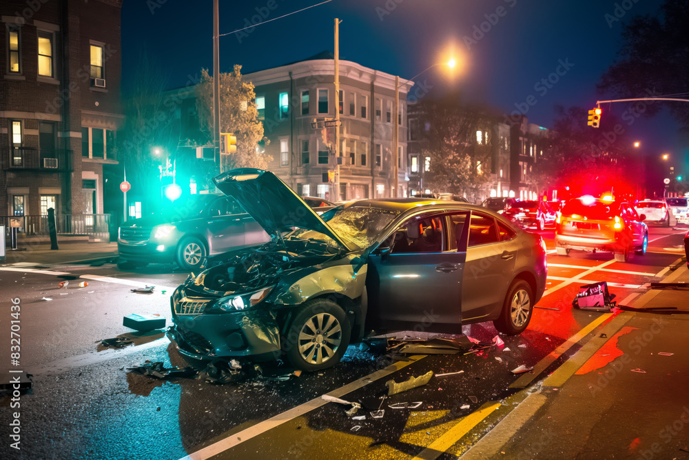 Obraz premium Car wreck damaged vehicle on a city street after an accident