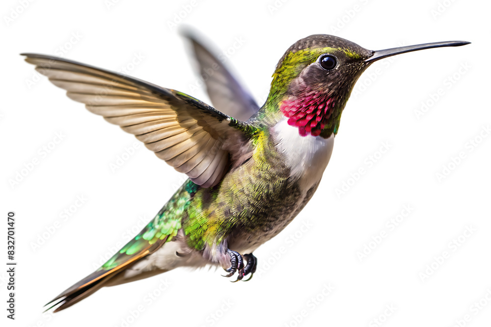 Fototapeta premium Flaying hummingbird Bird white background. AI GENERATED