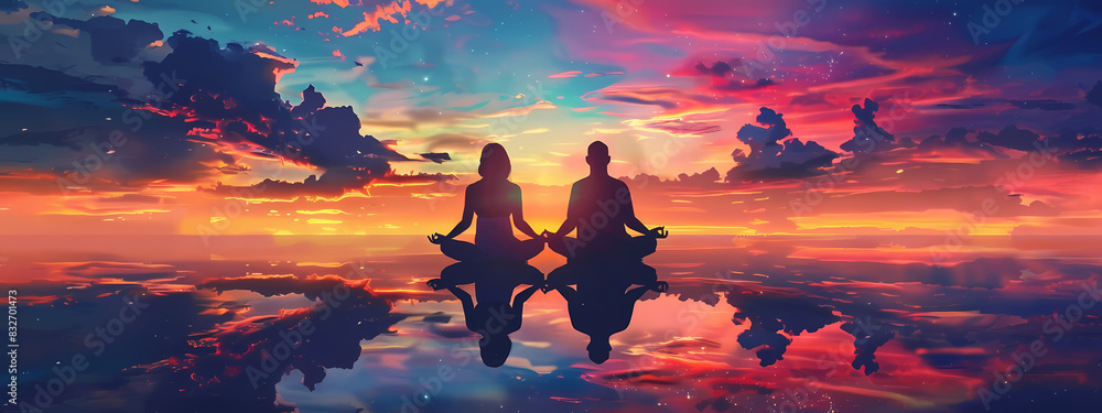 Fototapeta premium Meditating Couple at Sunset
