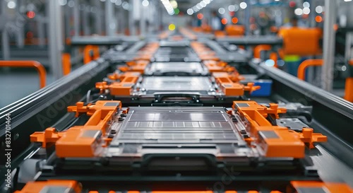 Closeup of electric vehicle battery cell assembly line in mass production showcasing cutting-edge electric vehicle technology and automotive innovation trends
 photo