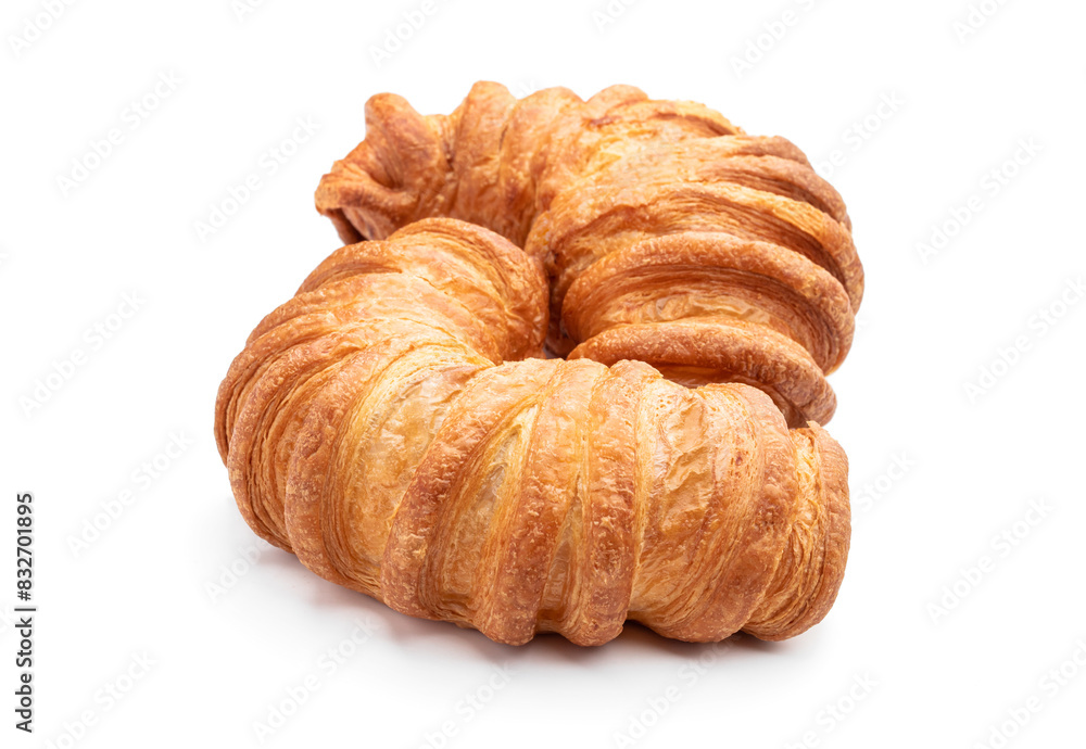 Traditional french croissant with caramel filling isolated on white background