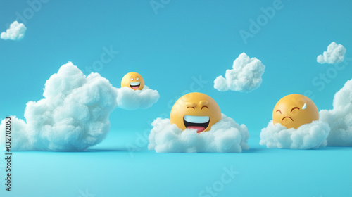 Wallpaper Mural A 3D illustration of a laughing emoji and a sad emoji as fluffy clouds on a solid sky blue background, exploring the airy nature of feelings. Torontodigital.ca