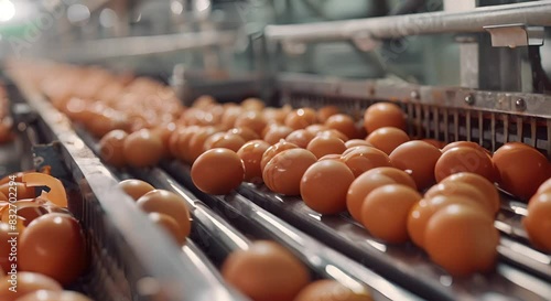 Efficient production Chicken eggs moving on conveyor belt at poultry farm, part of the streamlined production process
 photo