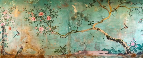 blossom tree With sparrow, finches, butterflies, dragonflies. Seamless pattern, background. Chinoiserie, traditional oriental botanical motif. AI generated illustration