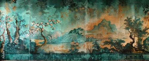 blossom tree With sparrow, finches, butterflies, dragonflies. Seamless pattern, background. Chinoiserie, traditional oriental botanical motif. AI generated illustration