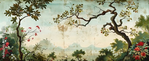 blossom tree With sparrow, finches, butterflies, dragonflies. Seamless pattern, background. Chinoiserie, traditional oriental botanical motif. AI generated illustration