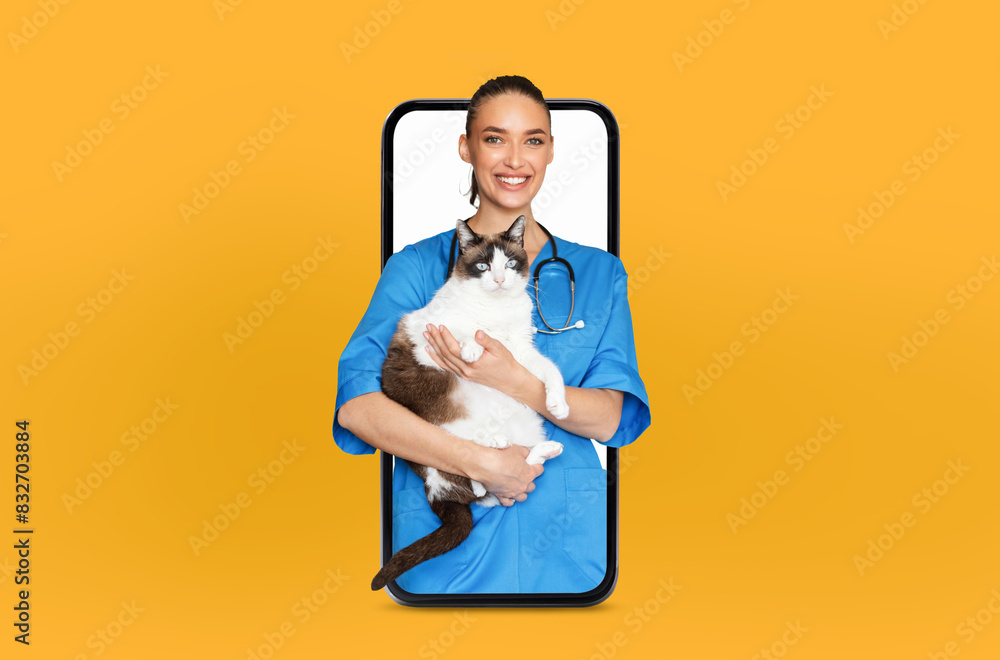 A cheerful veterinarian in blue scrubs holds a fluffy cat while appearing through a smartphone screen. The vibrant yellow backdrop accentuates the tech-savvy approach to pet care. A cheerful veterinarian in blue scrubs holds a fluffy cat while appearing through a smartphone screen. The vibrant yellow backdrop accentuates the tech-savvy approach to pet care.