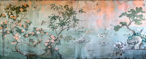 3d wallpaper design with branches, birds and flowers for digital wall print. AI generated illustration